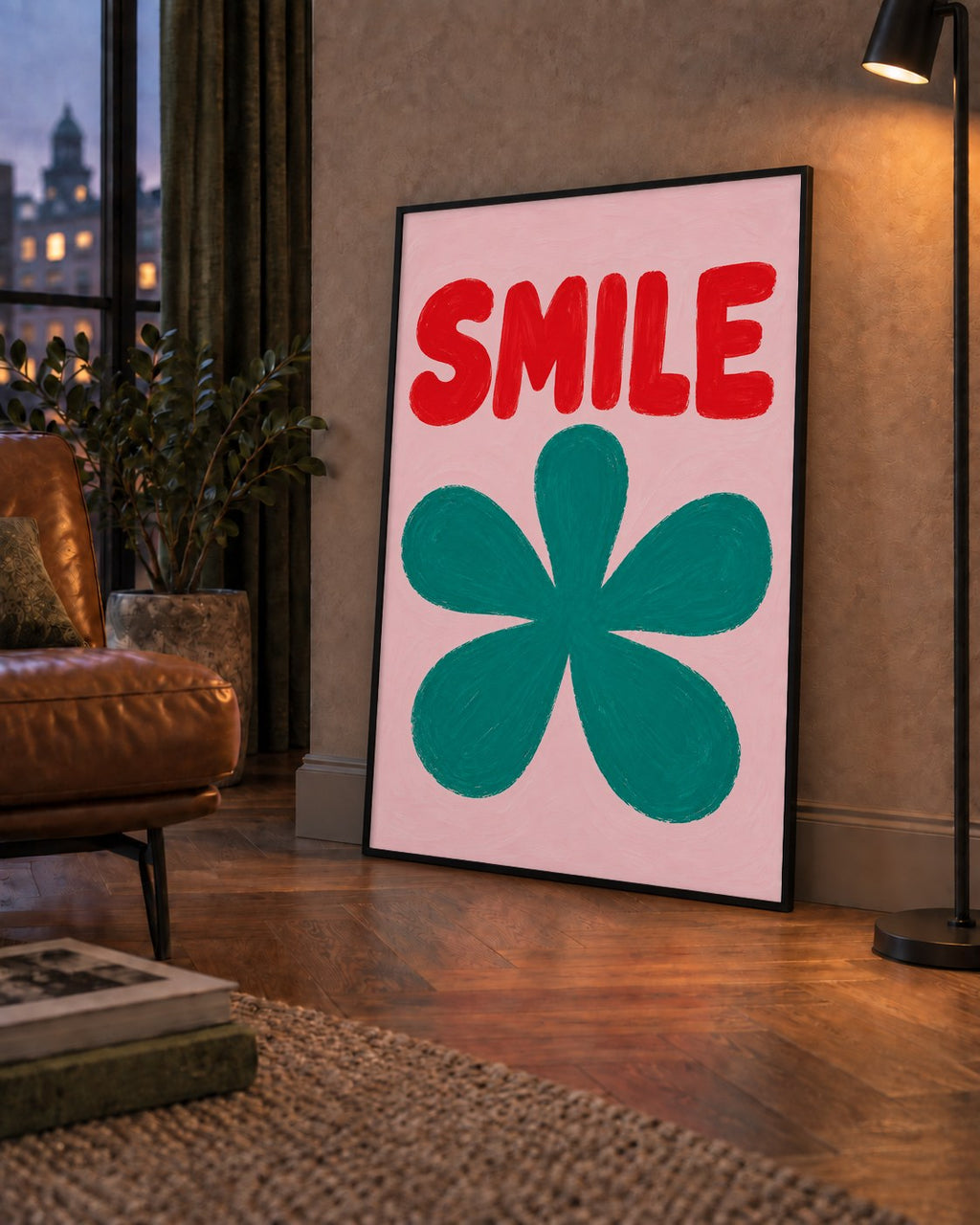 SMILE Kırmızı Yazılı Koyu Yeşil Çiçek Poster – Modern Duvar Sanatı — çerçeveli hâliyle bir ev duvarında
