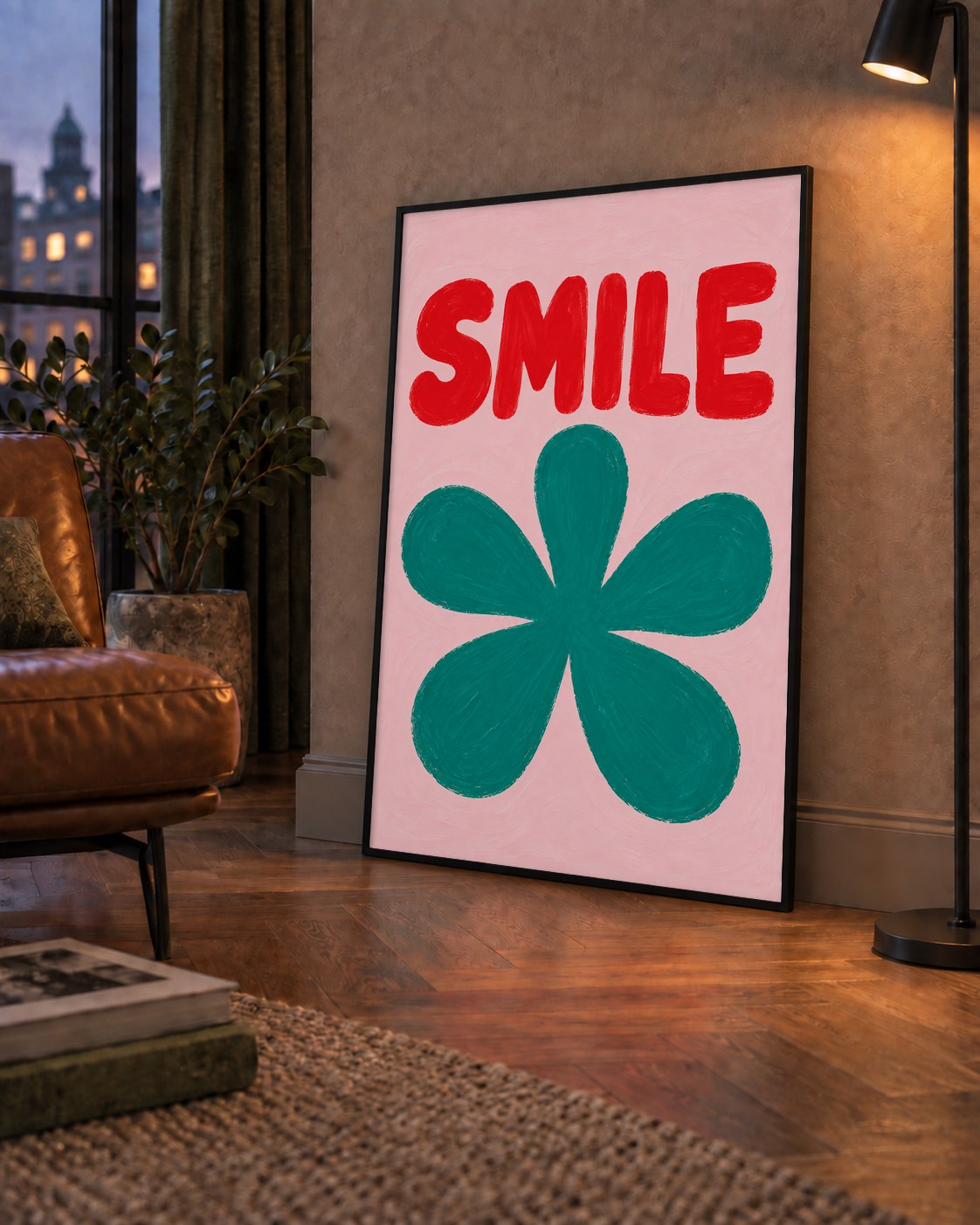 SMILE Kırmızı Yazılı Koyu Yeşil Çiçek Poster – Modern Duvar Sanatı — çerçeveli hâliyle bir ev duvarında