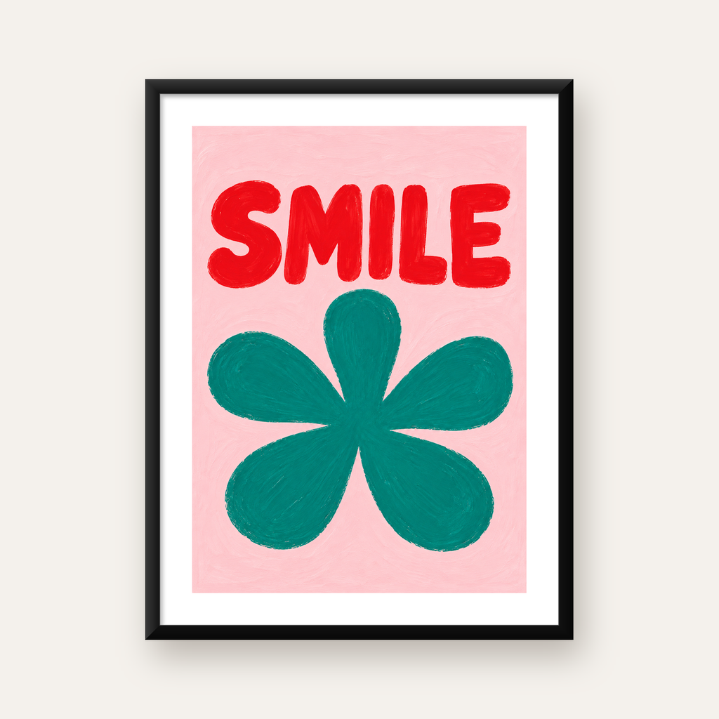 SMILE Kırmızı Yazılı Koyu Yeşil Çiçek Poster – Modern Duvar Sanatı — Dikey baskı, beyaz paspartulu