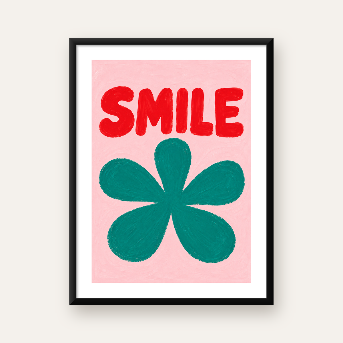 SMILE Kırmızı Yazılı Koyu Yeşil Çiçek Poster – Modern Duvar Sanatı — Dikey baskı, beyaz paspartulu