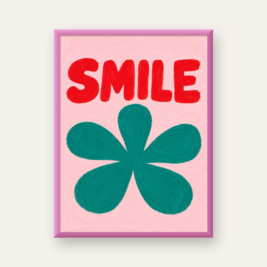 SMILE Kırmızı Yazılı Koyu Yeşil Çiçek Poster – Modern Duvar Sanatı — pembe çerçeveli