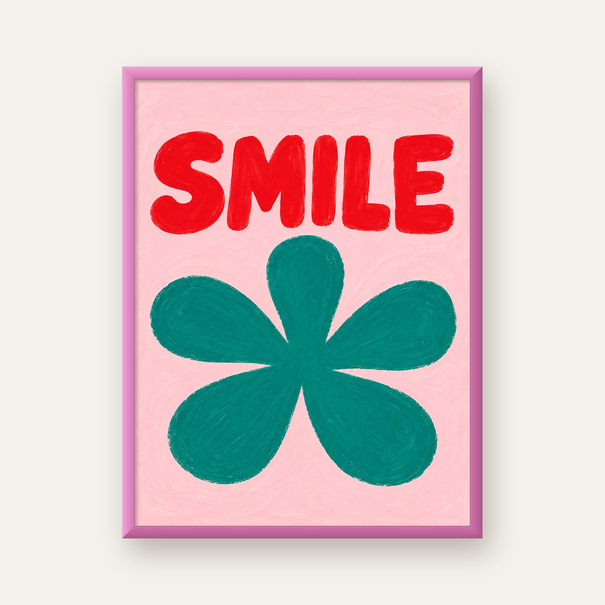 SMILE Kırmızı Yazılı Koyu Yeşil Çiçek Poster – Modern Duvar Sanatı — pembe çerçeveli