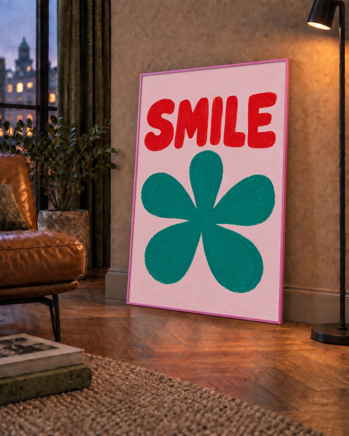 SMILE Kırmızı Yazılı Koyu Yeşil Çiçek Poster – Modern Duvar Sanatı — çerçeveli hâliyle bir ev duvarında