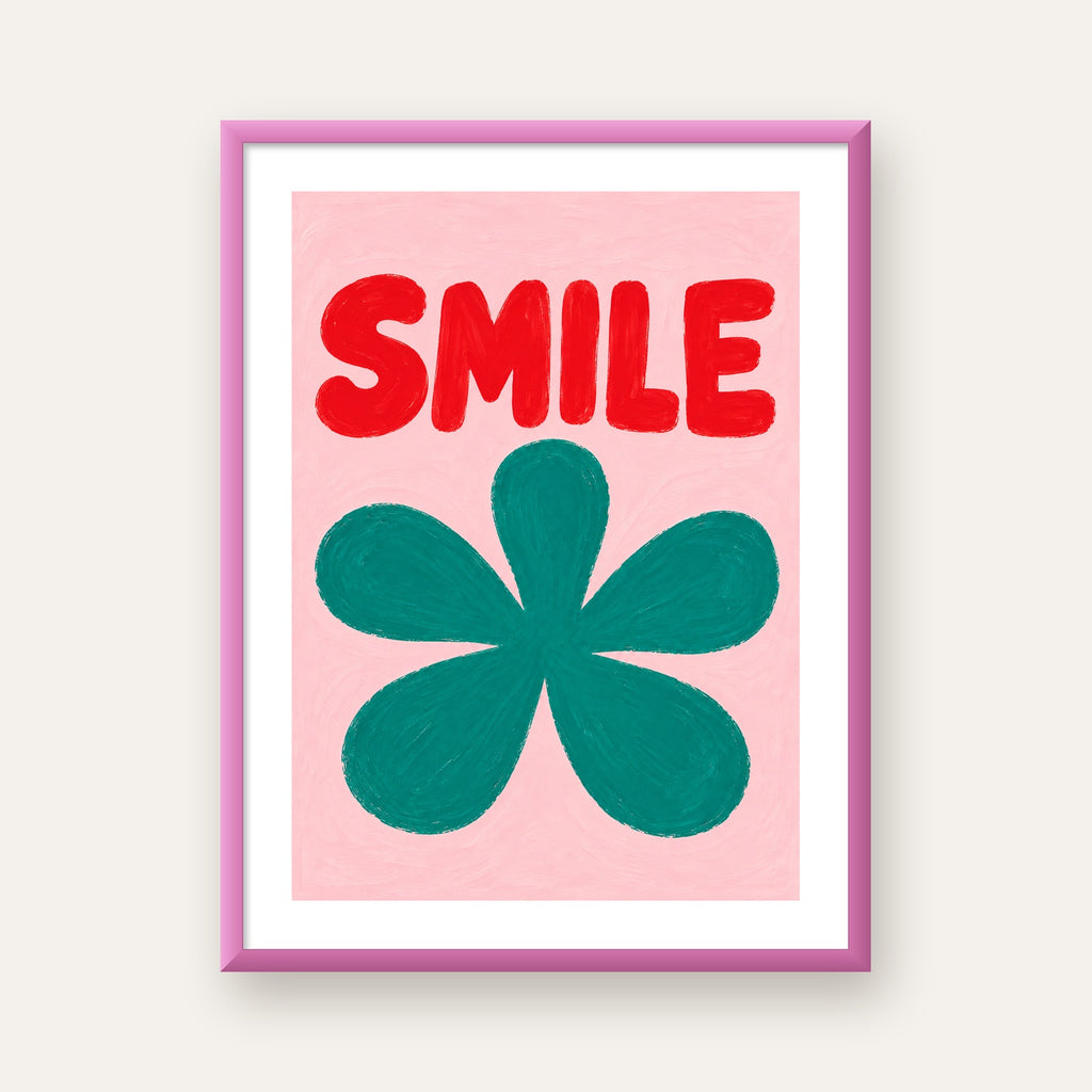 SMILE Kırmızı Yazılı Koyu Yeşil Çiçek Poster – Modern Duvar Sanatı — pembe çerçeveli paspartulu