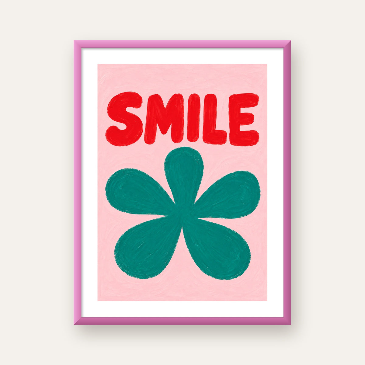 SMILE Kırmızı Yazılı Koyu Yeşil Çiçek Poster – Modern Duvar Sanatı — pembe çerçeveli paspartulu