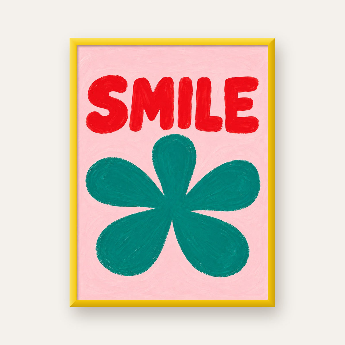 SMILE Kırmızı Yazılı Koyu Yeşil Çiçek Poster – Modern Duvar Sanatı — sarı çerçeveli