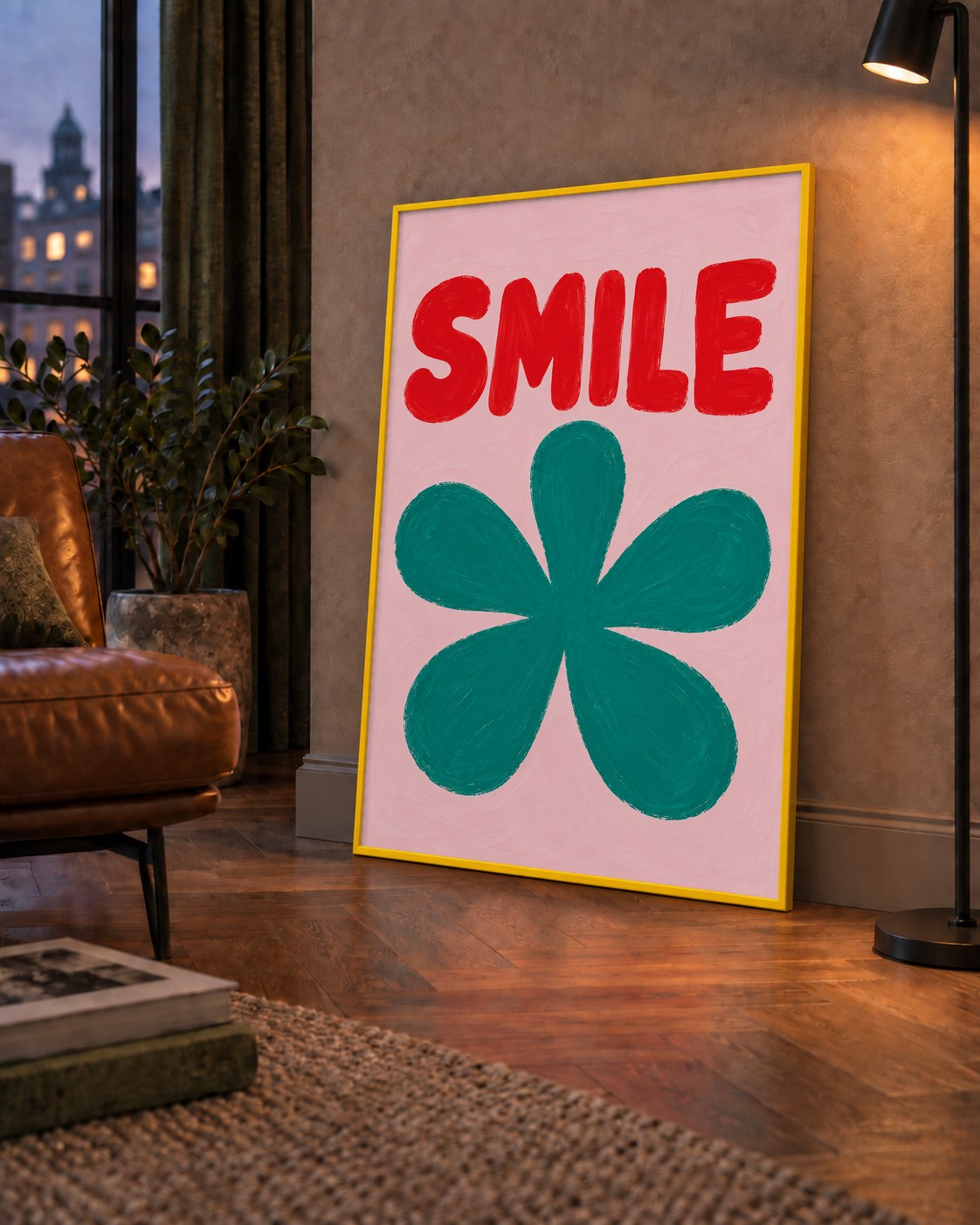 SMILE Kırmızı Yazılı Koyu Yeşil Çiçek Poster – Modern Duvar Sanatı — çerçeveli hâliyle bir ev duvarında