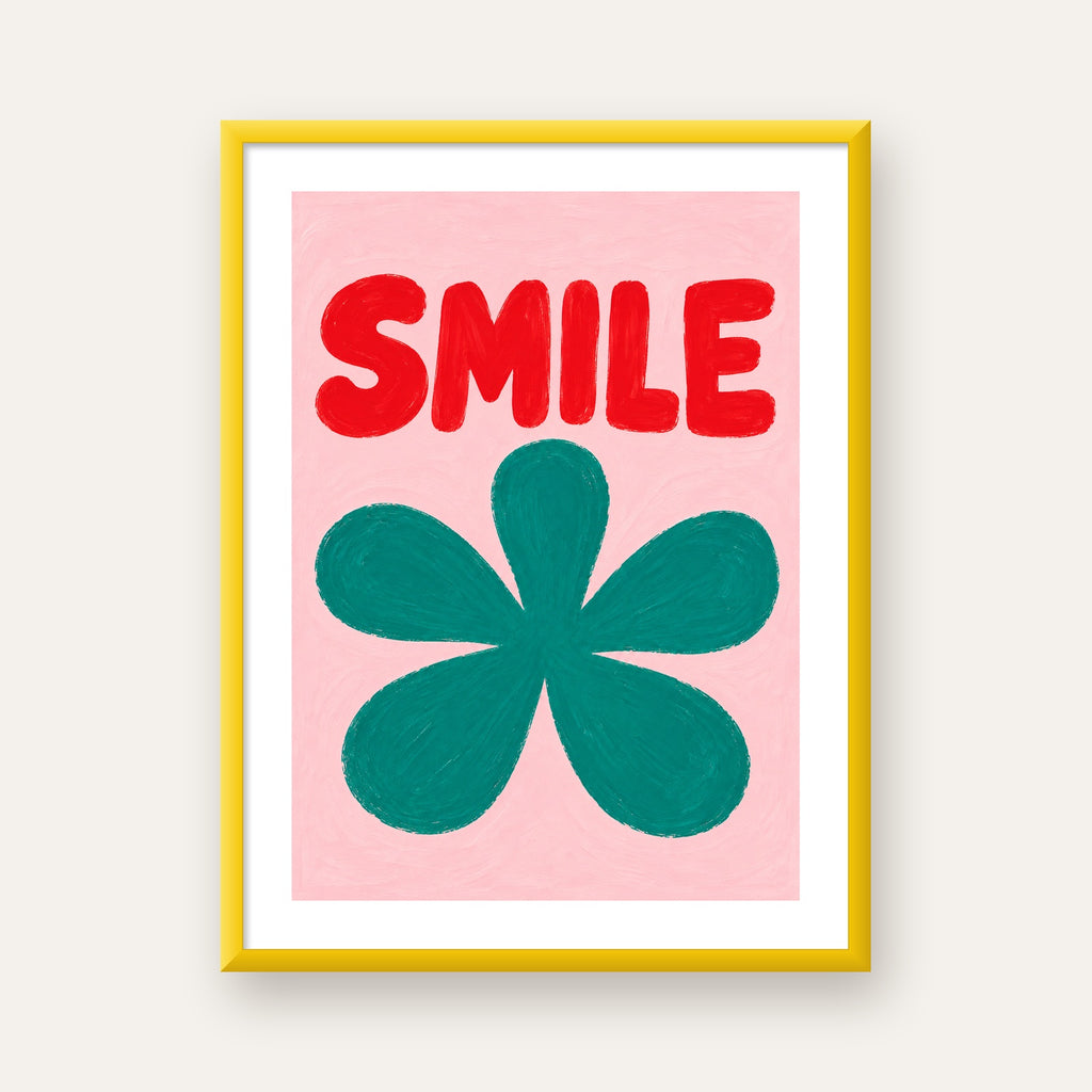 SMILE Kırmızı Yazılı Koyu Yeşil Çiçek Poster – Modern Duvar Sanatı — sarı çerçeveli paspartulu