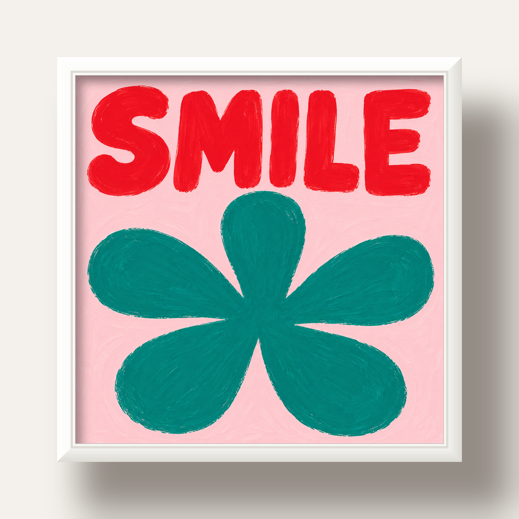 SMILE Kırmızı Yazılı Koyu Yeşil Çiçek Poster – Modern Duvar Sanatı — beyaz derin çerçeveli