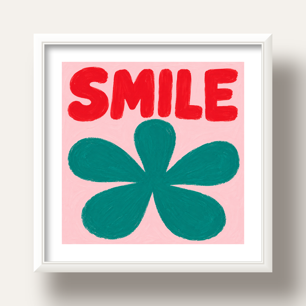 SMILE Kırmızı Yazılı Koyu Yeşil Çiçek Poster – Modern Duvar Sanatı — beyaz derin çerçeveli paspartulu