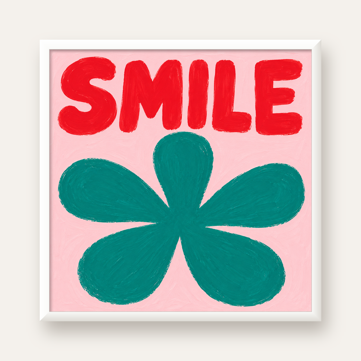 SMILE Kırmızı Yazılı Koyu Yeşil Çiçek Poster – Modern Duvar Sanatı — beyaz çerçeveli kare poster