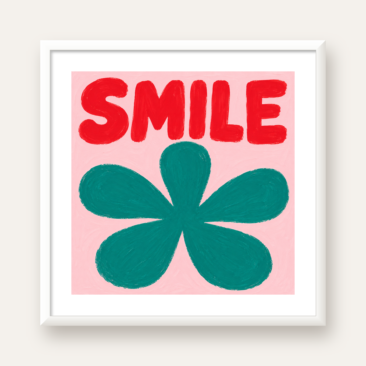 SMILE Kırmızı Yazılı Koyu Yeşil Çiçek Poster – Modern Duvar Sanatı — beyaz çerçeveli kare poster