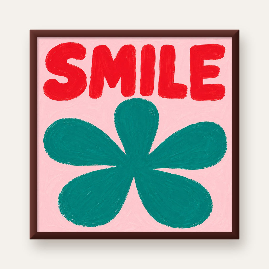 SMILE Kırmızı Yazılı Koyu Yeşil Çiçek Poster – Modern Duvar Sanatı — ceviz çerçeveli
