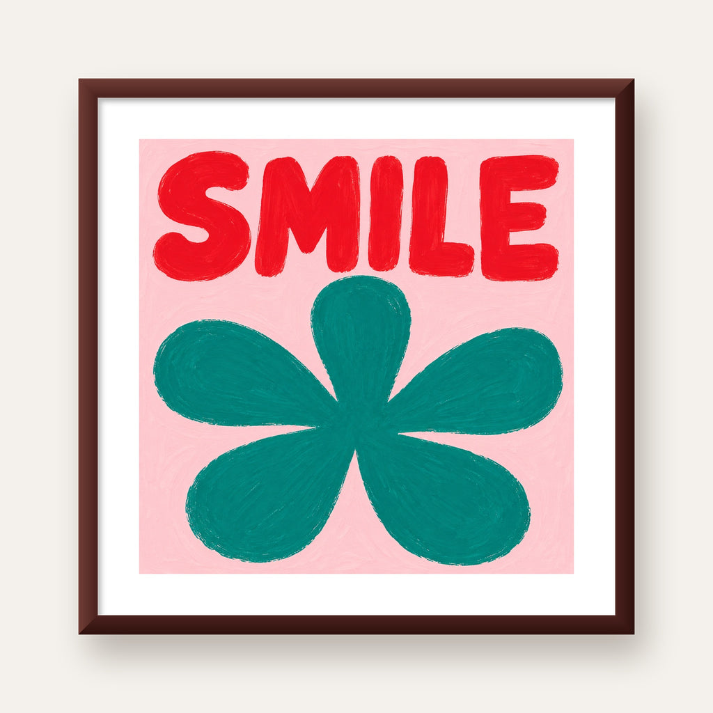 SMILE Kırmızı Yazılı Koyu Yeşil Çiçek Poster – Modern Duvar Sanatı — ceviz çerçeveli paspartulu