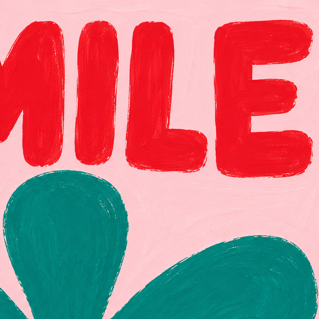 SMILE Kırmızı Yazılı Koyu Yeşil Çiçek Poster – Modern Duvar Sanatı — baskının yakın çekimi, kâğıt dokusu ve renk detayı