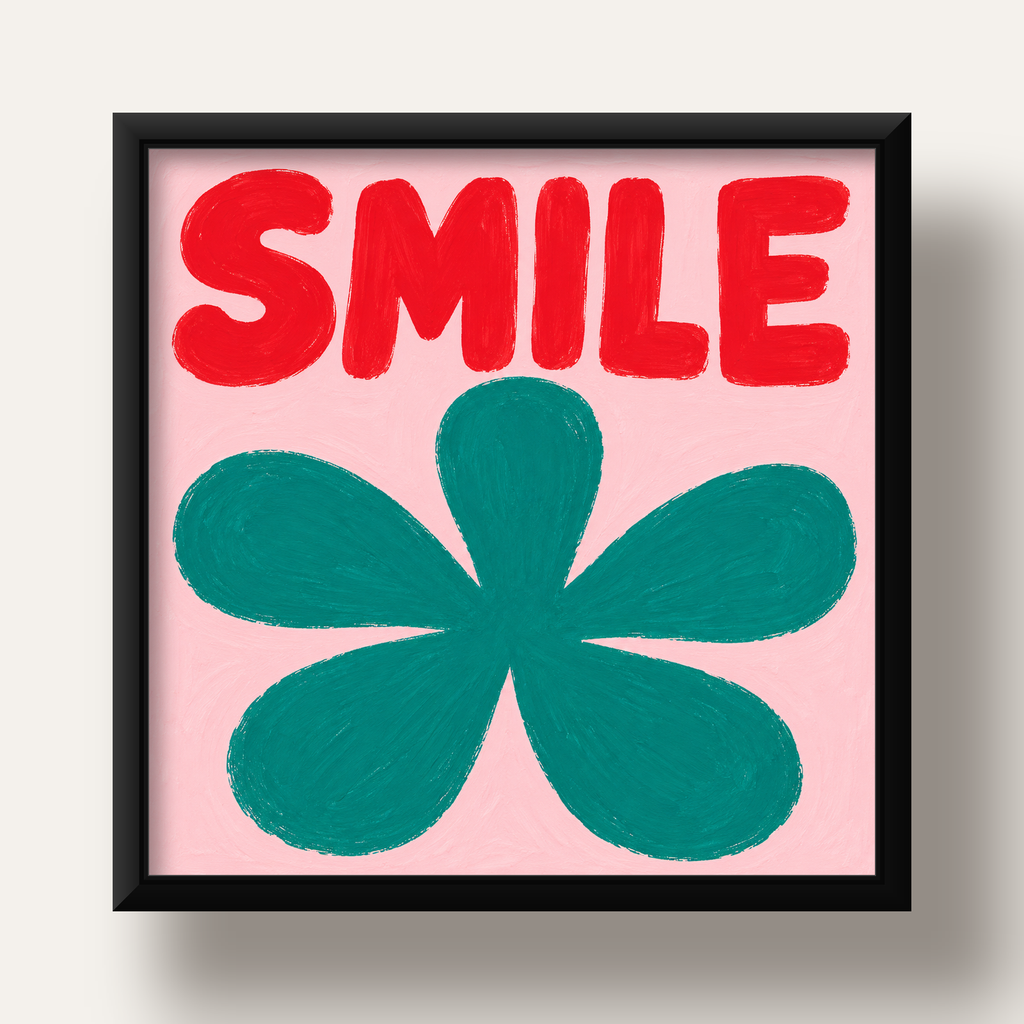 SMILE Kırmızı Yazılı Koyu Yeşil Çiçek Poster – Modern Duvar Sanatı — siyah derin çerçeveli