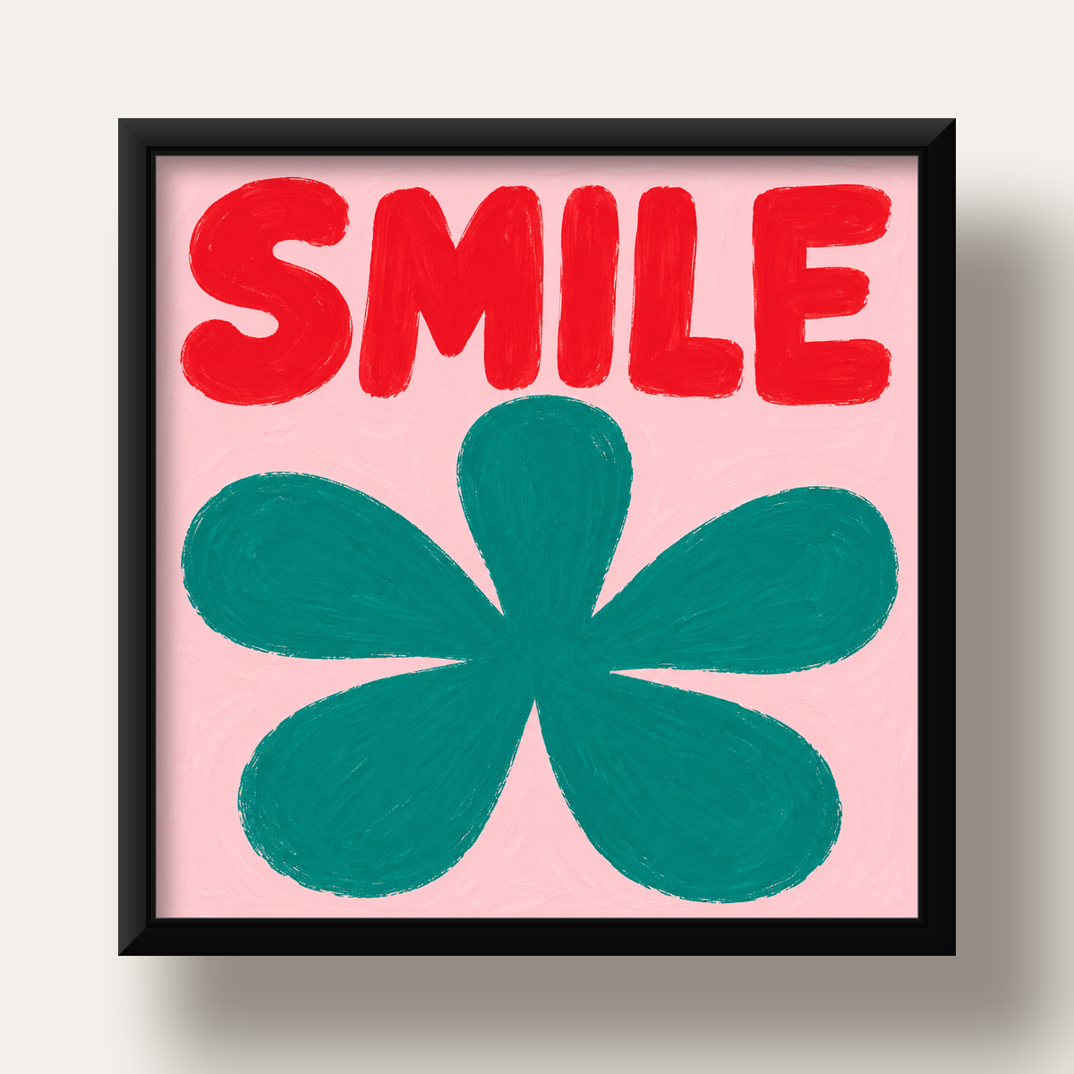 SMILE Kırmızı Yazılı Koyu Yeşil Çiçek Poster – Modern Duvar Sanatı — siyah derin çerçeveli