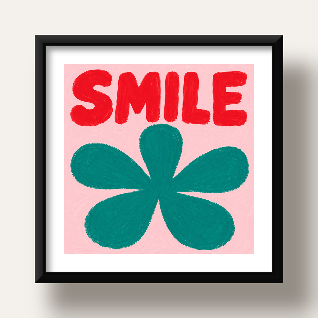 SMILE Kırmızı Yazılı Koyu Yeşil Çiçek Poster – Modern Duvar Sanatı — siyah derin çerçeveli paspartulu