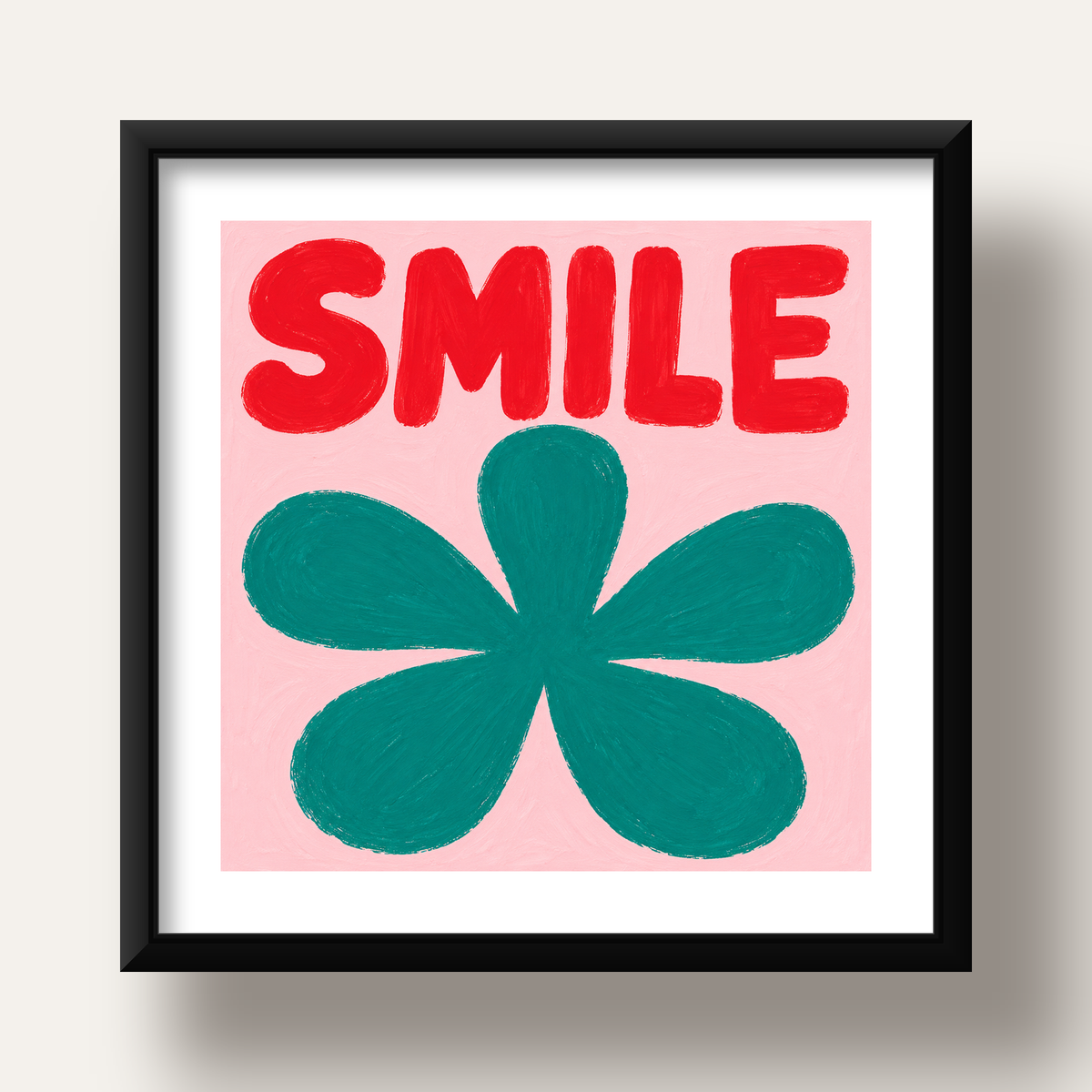 SMILE Kırmızı Yazılı Koyu Yeşil Çiçek Poster – Modern Duvar Sanatı — siyah derin çerçeveli paspartulu