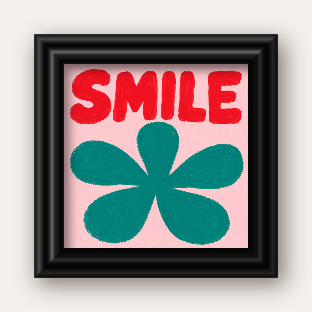 SMILE Kırmızı Yazılı Koyu Yeşil Çiçek Poster – Modern Duvar Sanatı — siyah galeri çerçeveli