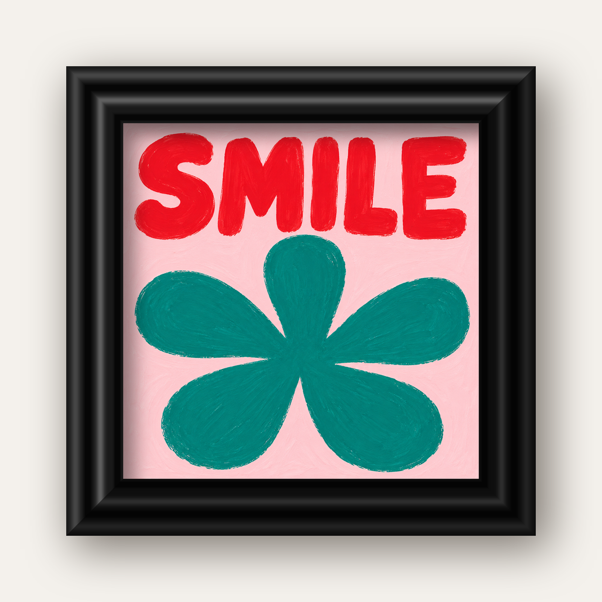 SMILE Kırmızı Yazılı Koyu Yeşil Çiçek Poster – Modern Duvar Sanatı — siyah galeri çerçeveli