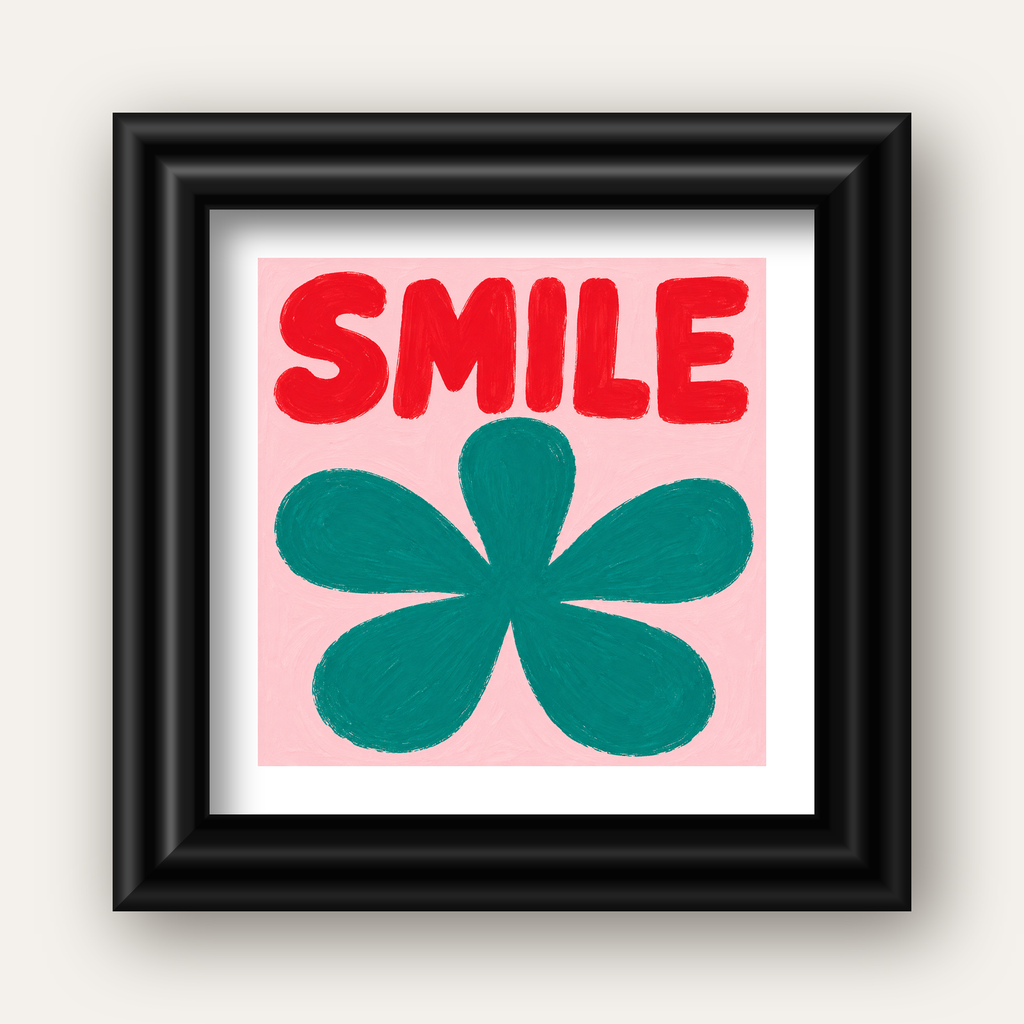 SMILE Kırmızı Yazılı Koyu Yeşil Çiçek Poster – Modern Duvar Sanatı — siyah galeri çerçeveli paspartulu