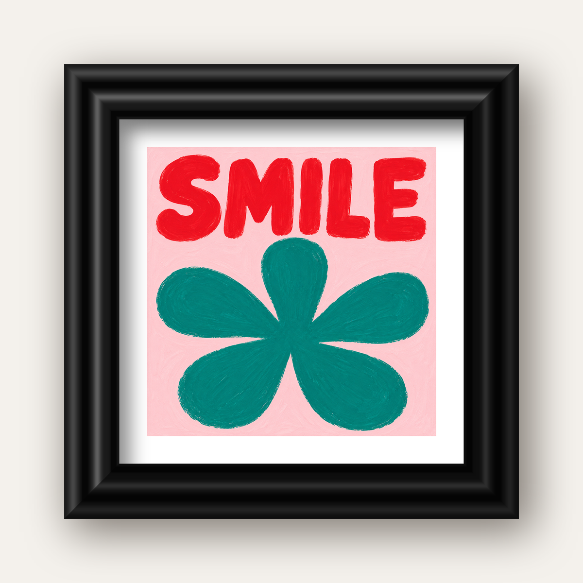 SMILE Kırmızı Yazılı Koyu Yeşil Çiçek Poster – Modern Duvar Sanatı — siyah galeri çerçeveli paspartulu