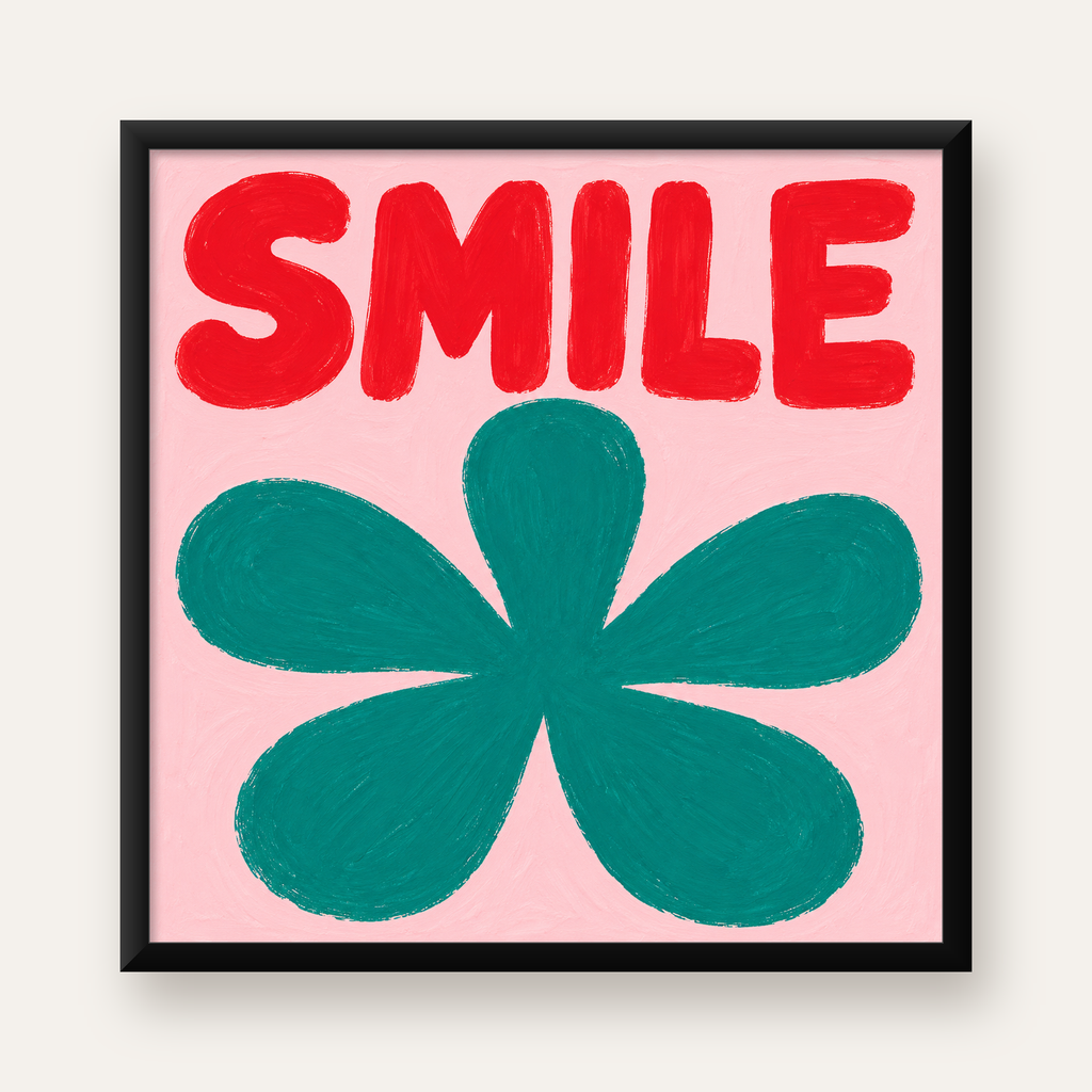 SMILE Kırmızı Yazılı Koyu Yeşil Çiçek Poster – Modern Duvar Sanatı — Kare baskı, düz siyah çerçeveli duvar posteri