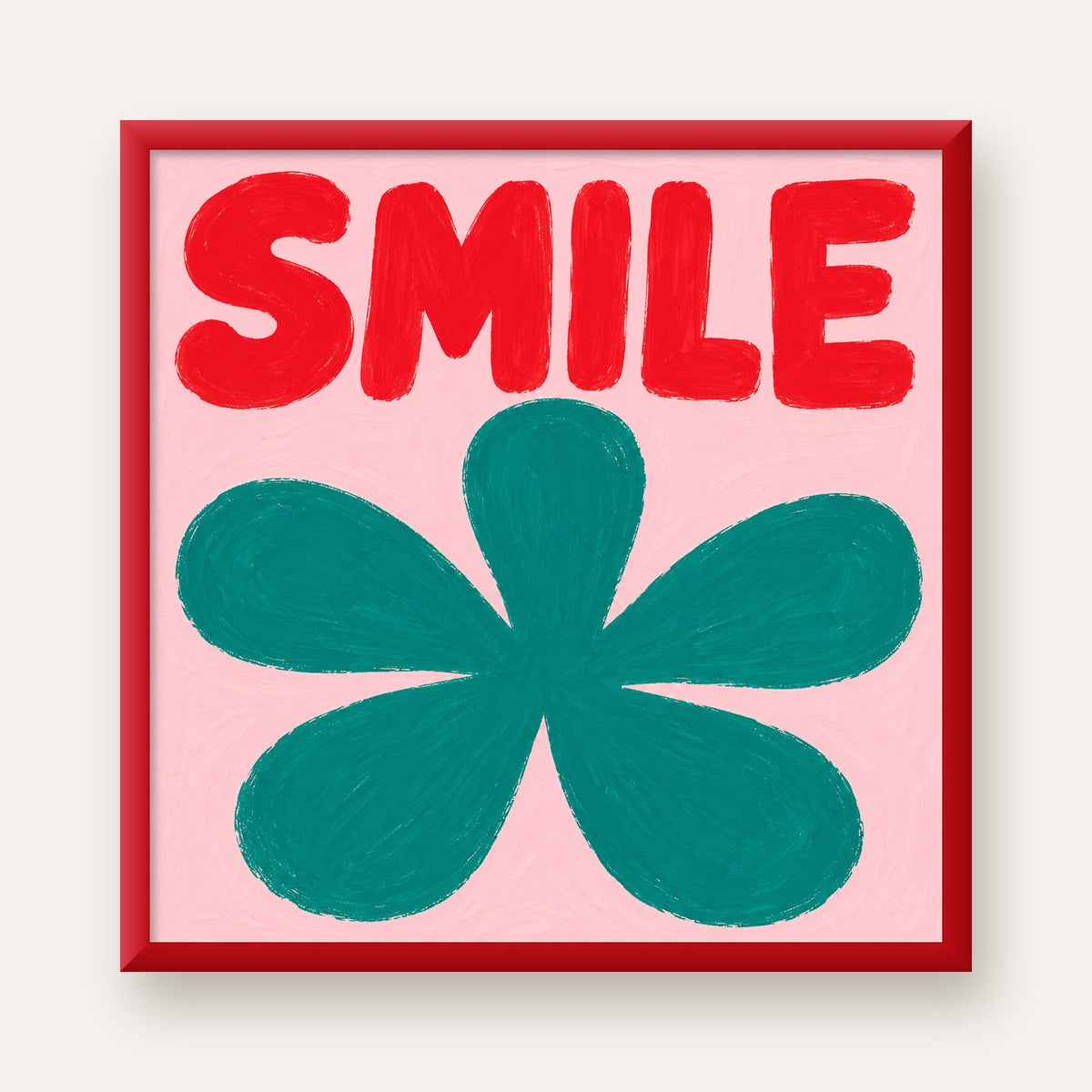 SMILE Kırmızı Yazılı Koyu Yeşil Çiçek Poster – Modern Duvar Sanatı — kırmızı çerçeveli