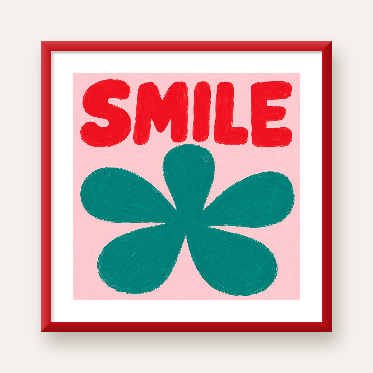 SMILE Kırmızı Yazılı Koyu Yeşil Çiçek Poster – Modern Duvar Sanatı — kırmızı çerçeveli paspartulu