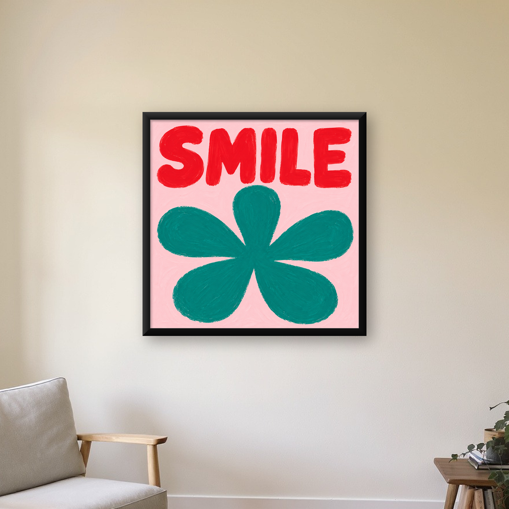 SMILE Kırmızı Yazılı Koyu Yeşil Çiçek Poster – Modern Duvar Sanatı — Kare baskı, çerçeveli hâliyle bir ev duvarında