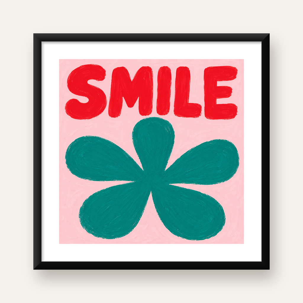SMILE Kırmızı Yazılı Koyu Yeşil Çiçek Poster – Modern Duvar Sanatı — Kare baskı, beyaz paspartulu