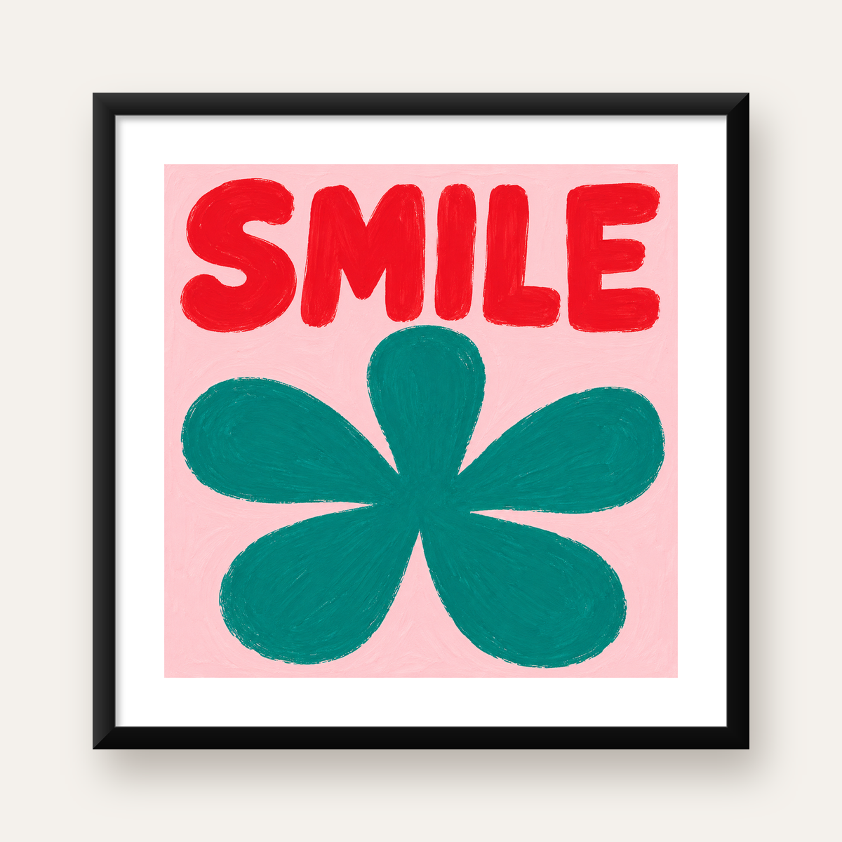 SMILE Kırmızı Yazılı Koyu Yeşil Çiçek Poster – Modern Duvar Sanatı — Kare baskı, beyaz paspartulu