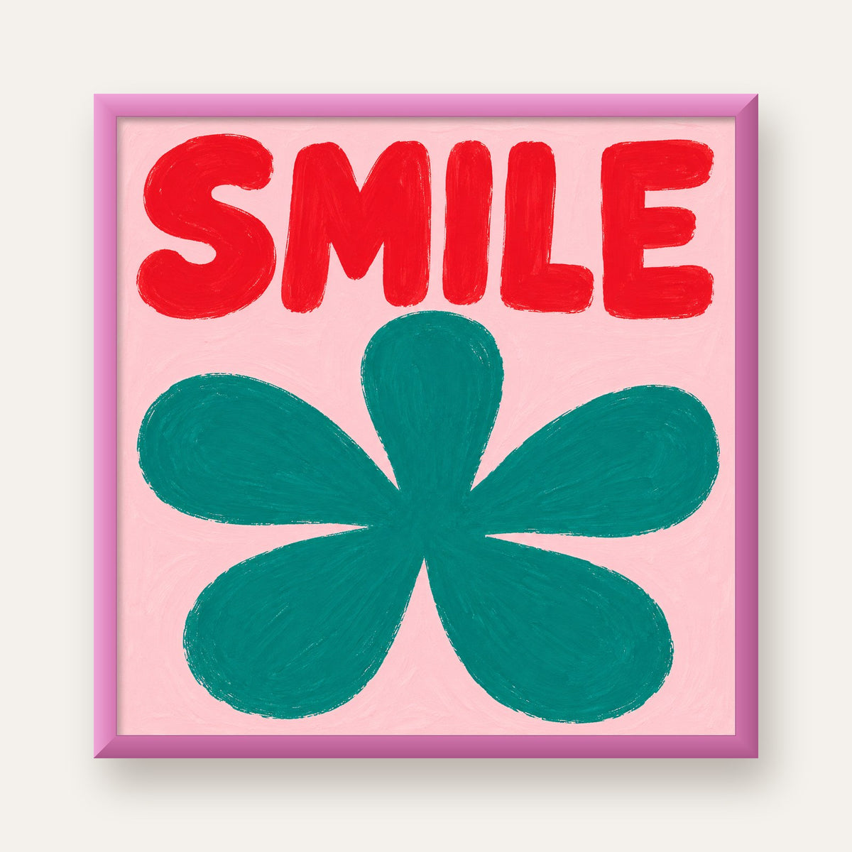 SMILE Kırmızı Yazılı Koyu Yeşil Çiçek Poster – Modern Duvar Sanatı — pembe çerçeveli