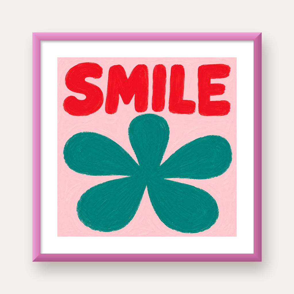 SMILE Kırmızı Yazılı Koyu Yeşil Çiçek Poster – Modern Duvar Sanatı — pembe çerçeveli paspartulu