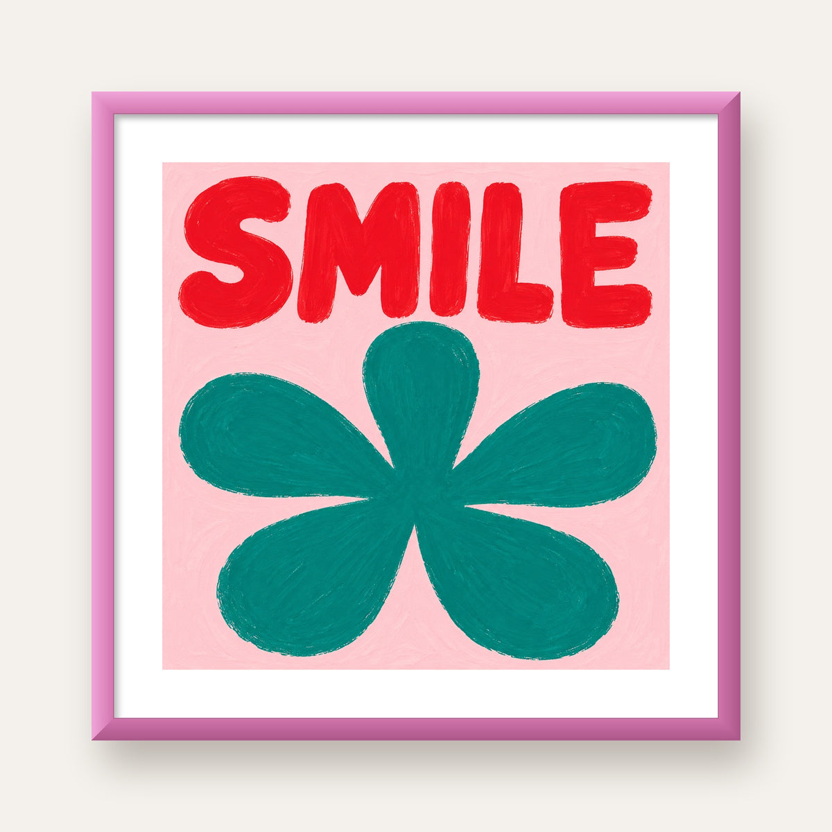 SMILE Kırmızı Yazılı Koyu Yeşil Çiçek Poster – Modern Duvar Sanatı — pembe çerçeveli paspartulu
