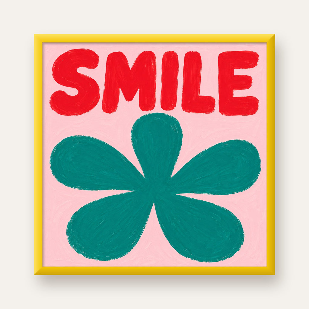 SMILE Kırmızı Yazılı Koyu Yeşil Çiçek Poster – Modern Duvar Sanatı — sarı çerçeveli