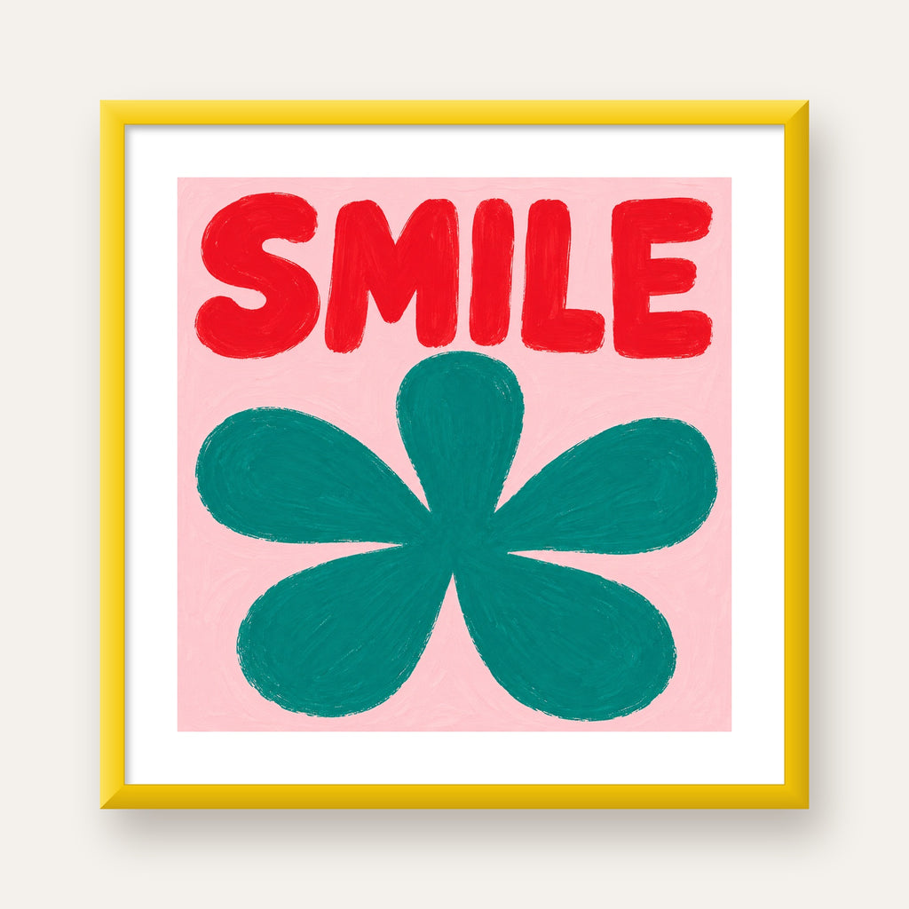 SMILE Kırmızı Yazılı Koyu Yeşil Çiçek Poster – Modern Duvar Sanatı — sarı çerçeveli paspartulu