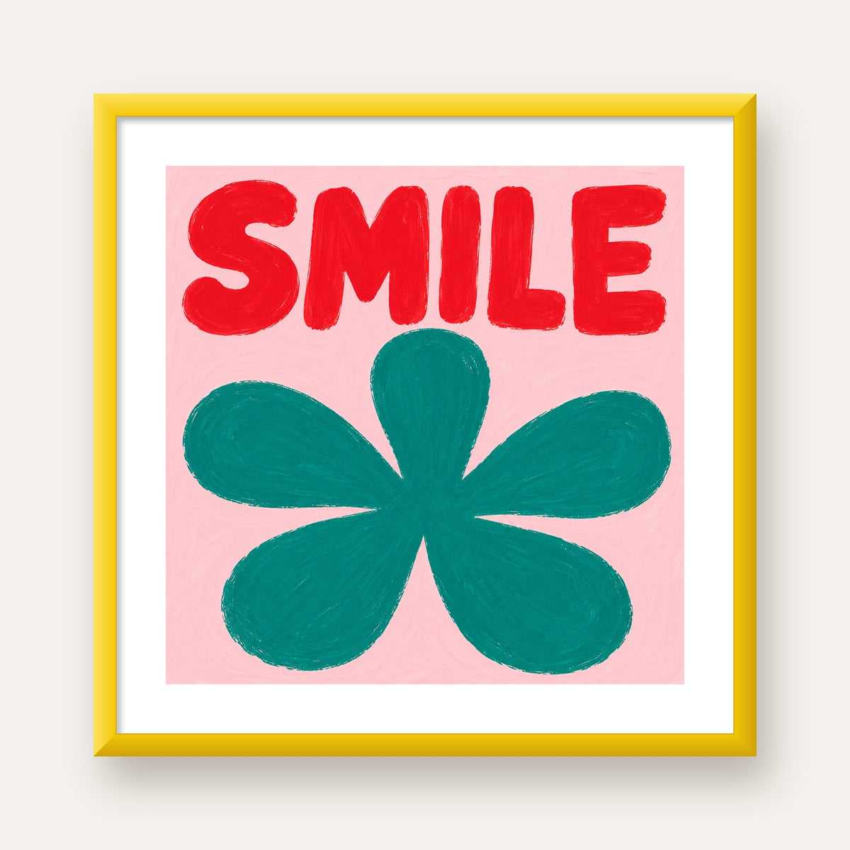 SMILE Kırmızı Yazılı Koyu Yeşil Çiçek Poster – Modern Duvar Sanatı — sarı çerçeveli paspartulu