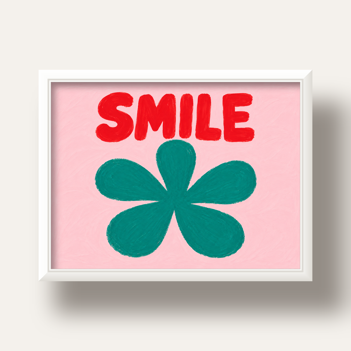 SMILE Kırmızı Yazılı Koyu Yeşil Çiçek Poster – Modern Duvar Sanatı — beyaz derin çerçeveli
