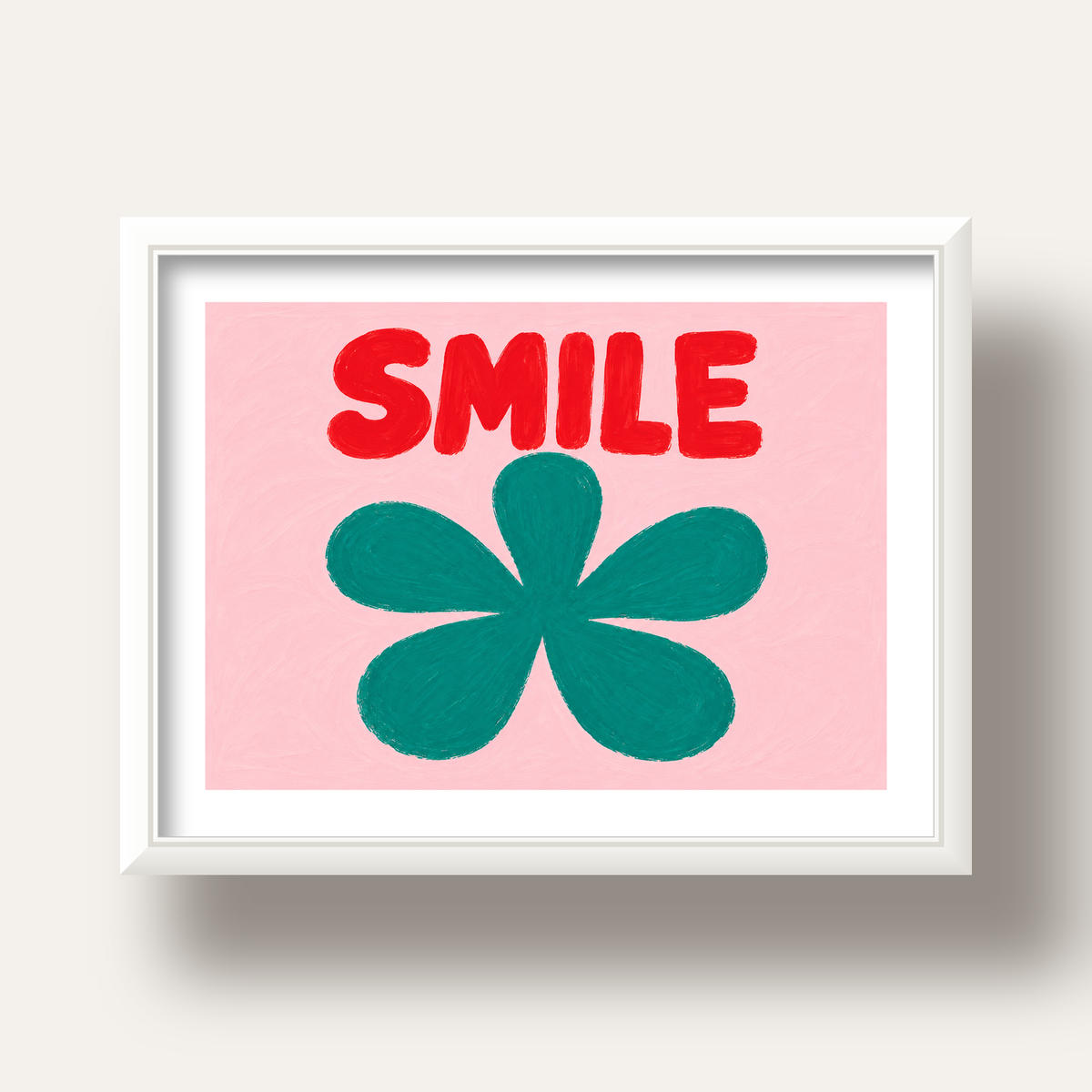 SMILE Kırmızı Yazılı Koyu Yeşil Çiçek Poster – Modern Duvar Sanatı — beyaz derin çerçeveli paspartulu
