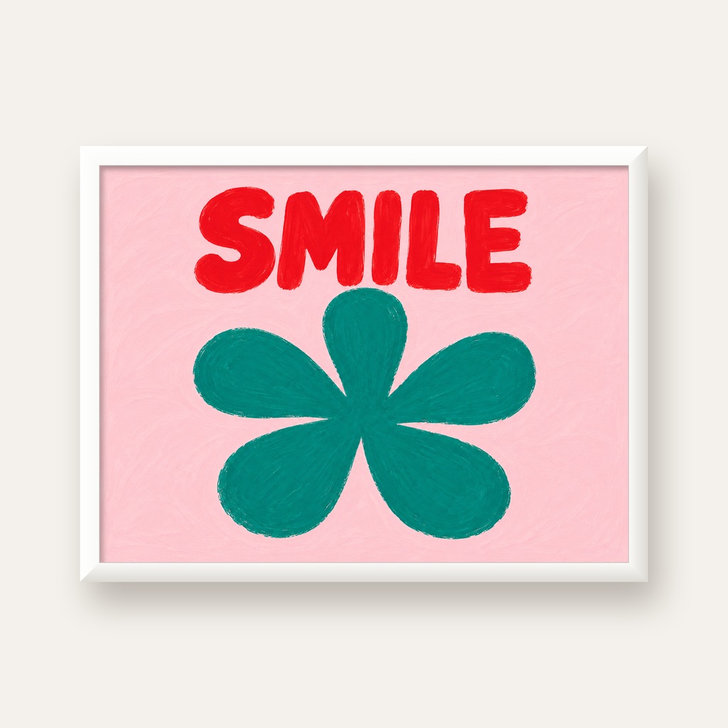 SMILE Kırmızı Yazılı Koyu Yeşil Çiçek Poster – Modern Duvar Sanatı — beyaz çerçeveli yatay poster