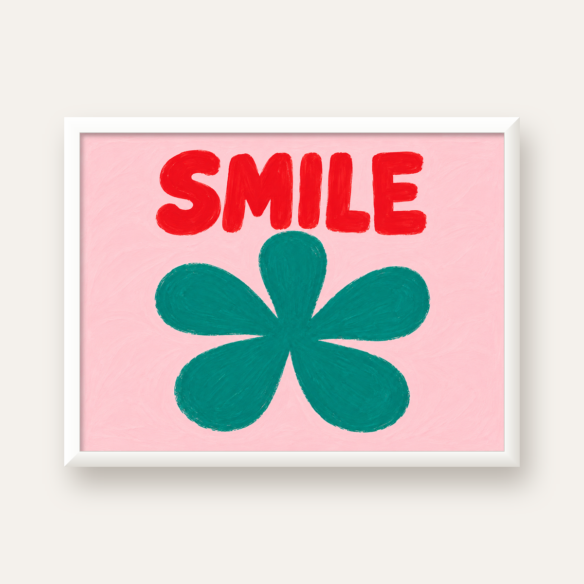 SMILE Kırmızı Yazılı Koyu Yeşil Çiçek Poster – Modern Duvar Sanatı — beyaz çerçeveli yatay poster