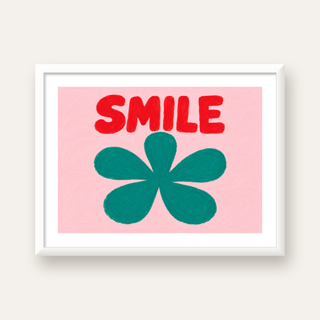 SMILE Kırmızı Yazılı Koyu Yeşil Çiçek Poster – Modern Duvar Sanatı — beyaz çerçeveli yatay poster
