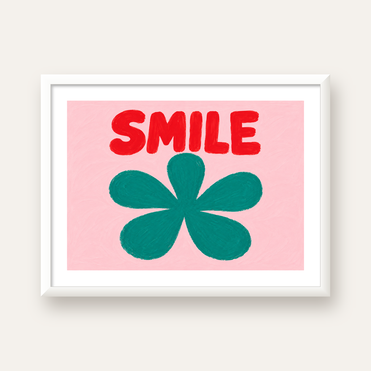SMILE Kırmızı Yazılı Koyu Yeşil Çiçek Poster – Modern Duvar Sanatı — beyaz çerçeveli yatay poster