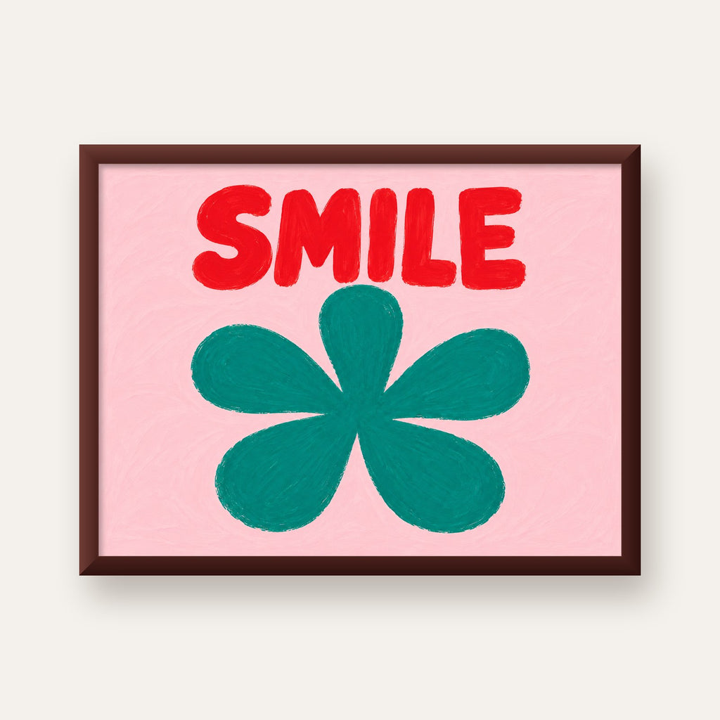 SMILE Kırmızı Yazılı Koyu Yeşil Çiçek Poster – Modern Duvar Sanatı — ceviz çerçeveli