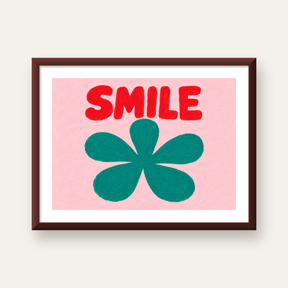 SMILE Kırmızı Yazılı Koyu Yeşil Çiçek Poster – Modern Duvar Sanatı — ceviz çerçeveli paspartulu