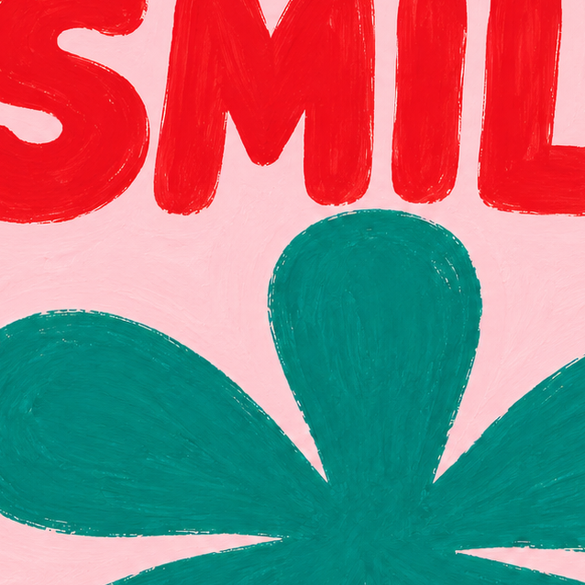 SMILE Kırmızı Yazılı Koyu Yeşil Çiçek Poster – Modern Duvar Sanatı — baskının yakın çekimi, kâğıt dokusu ve renk detayı
