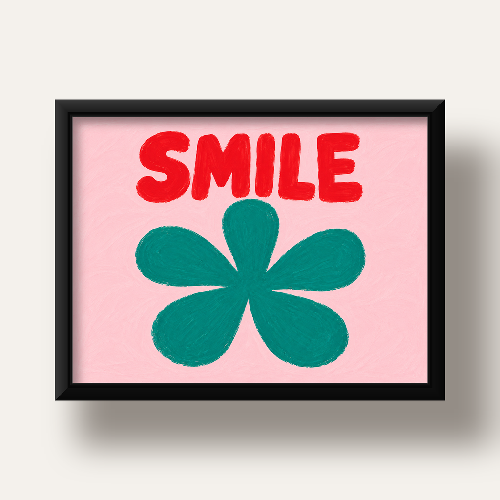 SMILE Kırmızı Yazılı Koyu Yeşil Çiçek Poster – Modern Duvar Sanatı — siyah derin çerçeveli