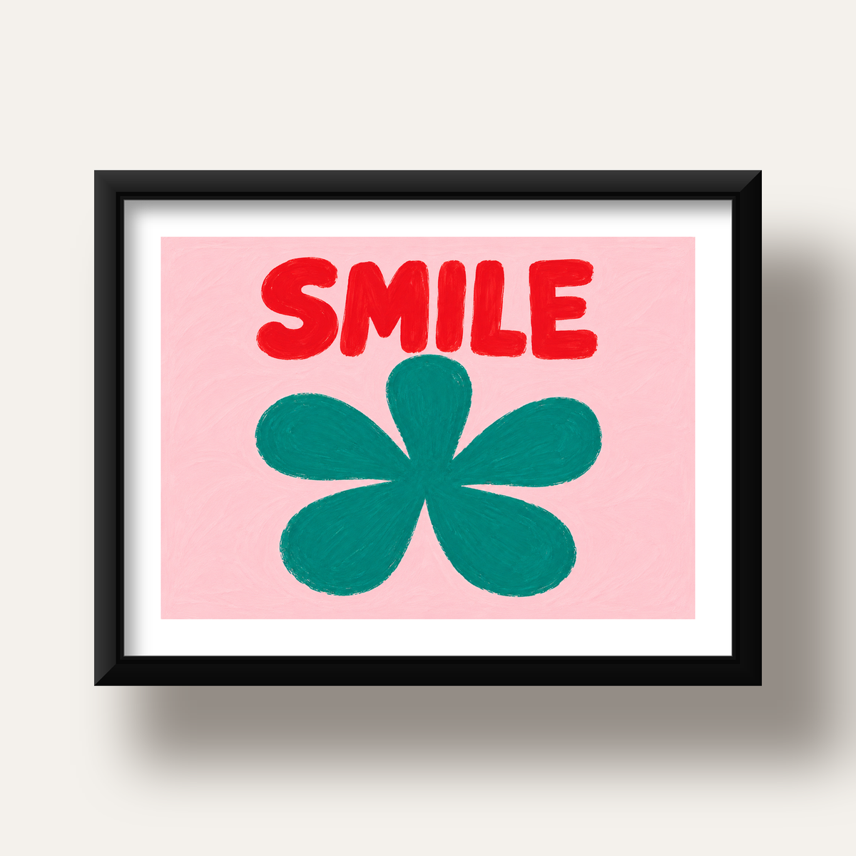 SMILE Kırmızı Yazılı Koyu Yeşil Çiçek Poster – Modern Duvar Sanatı — siyah derin çerçeveli paspartulu